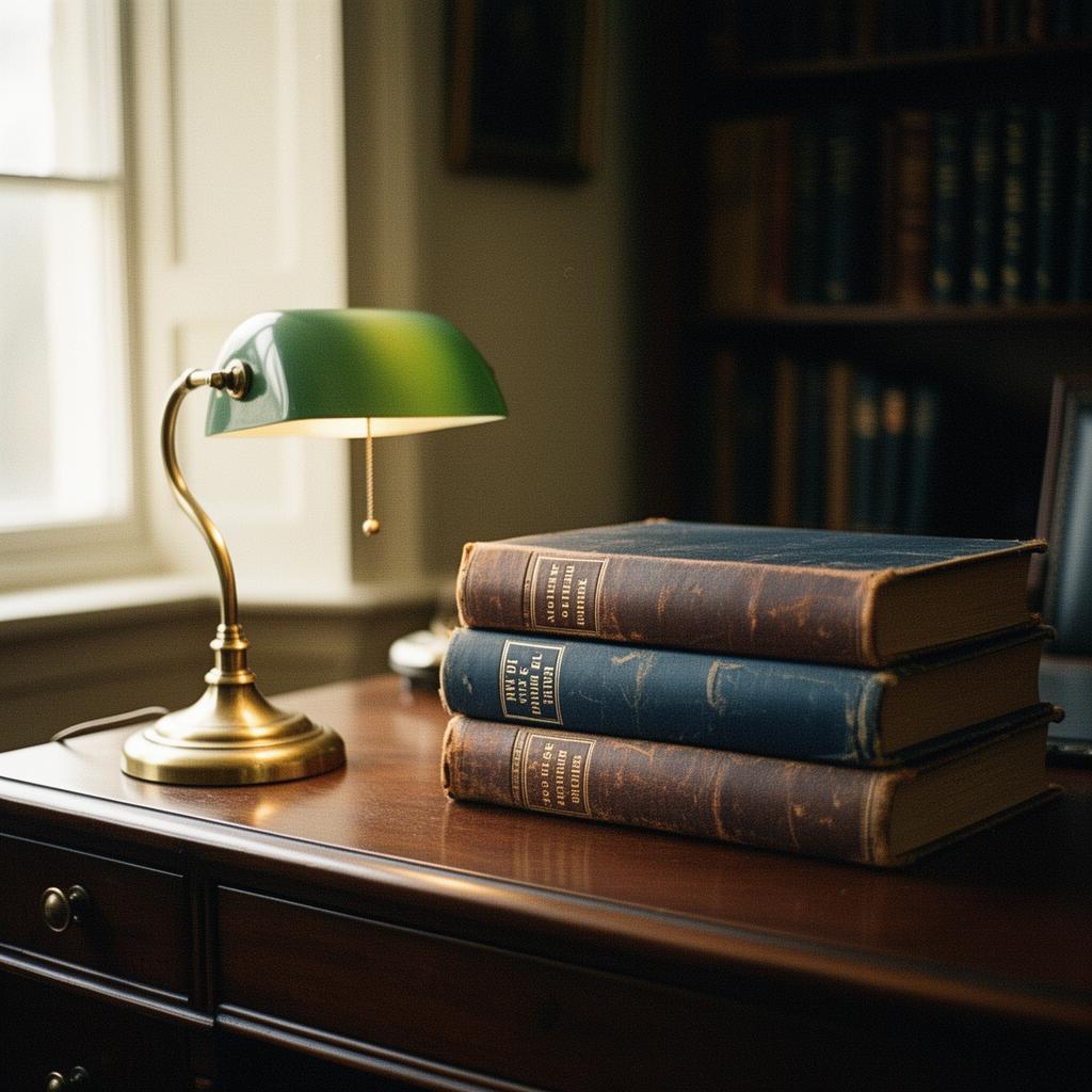A private study with leather-bound books and a brass desk lamp